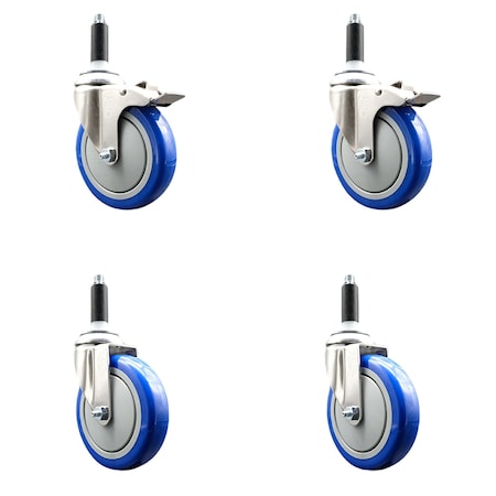 5 Inch 316SS Blue Poly Swivel 3/4 Inch Expanding Stem Caster Lock Brake, 2PK